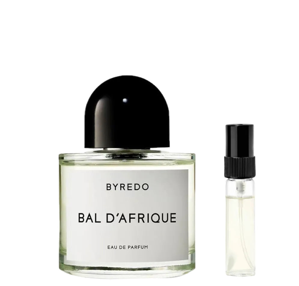 Byredo Bal d'Afrique, décant, un parfum unisexe hespéridé et floral avec bergamote et vétiver. Échantillon de parfum DFP de 2 ml