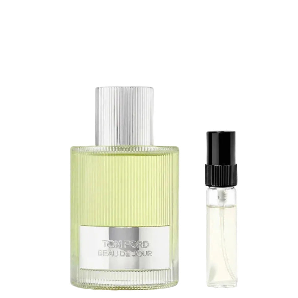 Tom Ford Beau de Jour Eau de Parfum sample beside the ribbed original bottle with a silver cap.