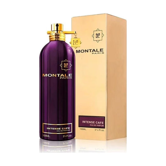 Montale Intense Café Eau de Parfum im violetten Flakon neben der goldfarbenen Verpackung.