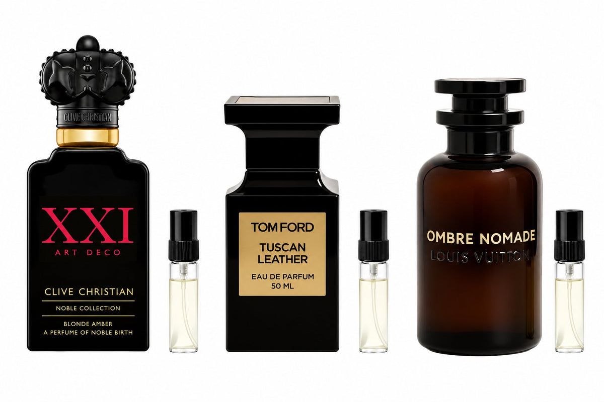 Royal Prestige | Clive Christian XXI Art Deco, Tom Ford Tuscan Leather & Louis Vuitton Ombre Nomade (3 × 2 ml). 3 Duftproben à 2 ml; Originalflakons zur Illustration.