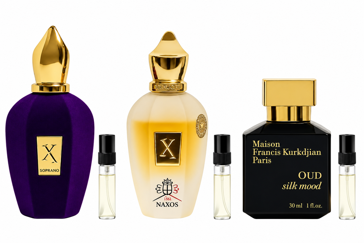 Winter Amber Spirit | Xerjoff Naxos, Soprano & MFK Oud Silk Mood (3 × 2 ml). 3 Duftproben à 2 ml; Originalflakons zur Illustration.