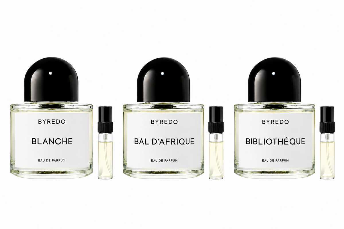 Byredo Discovery | Blanche, Bal d’Afrique & Bibliothèque (3 × 2 ml). 3 Duftproben à 2 ml; Originalflakons zur Illustration.
