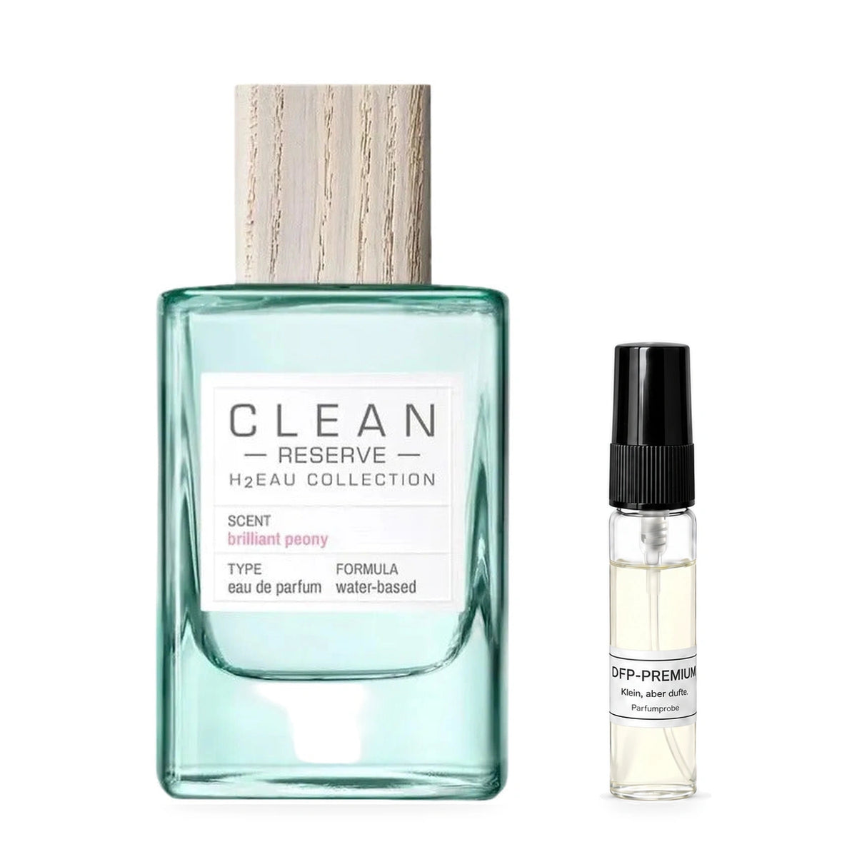 Clean Reserve H2EAU Brilliant Peony: Originalflakon neben einer DFP Parfumprobe im Glaszerstäuber mit schwarzer Kappe auf weissem Hintergrund.