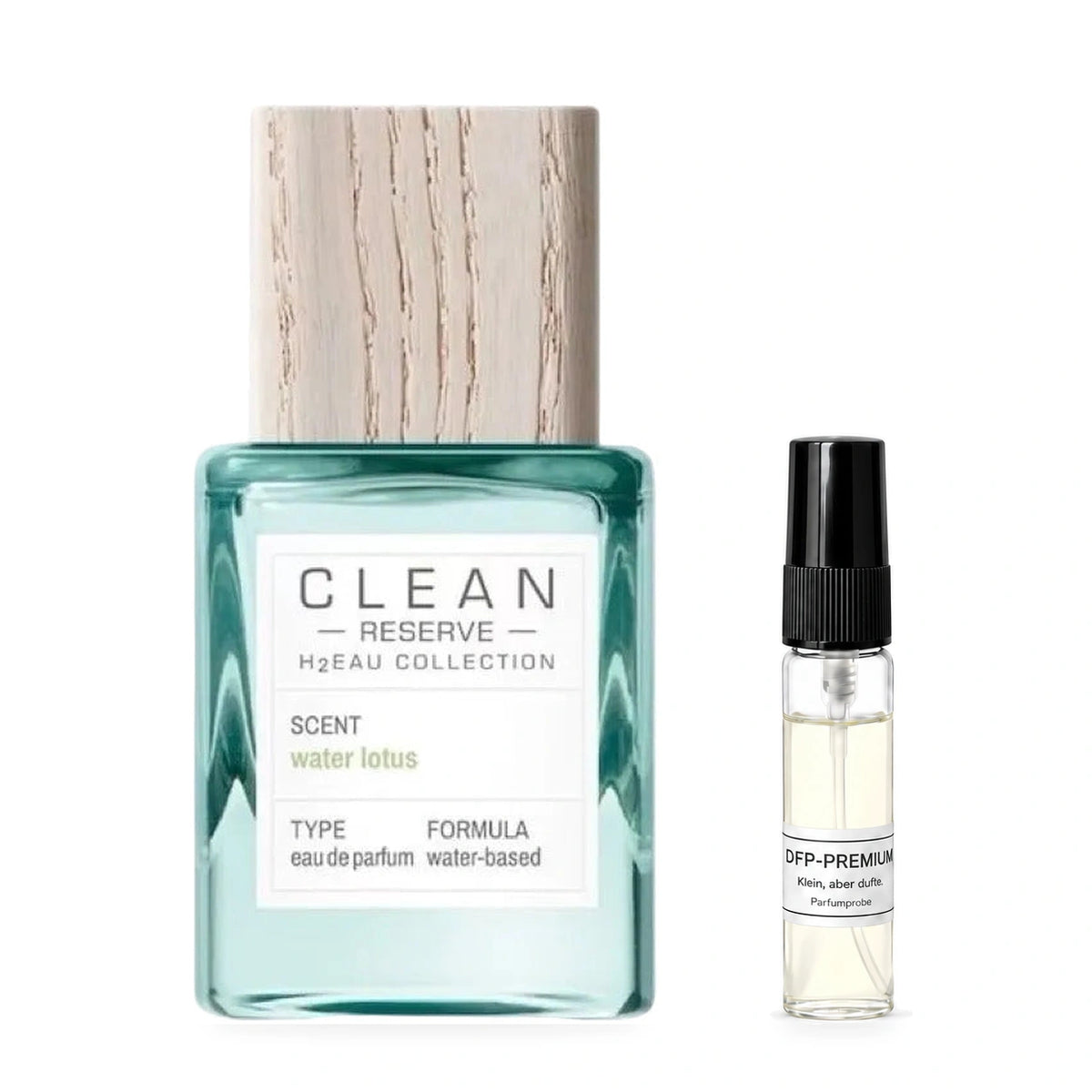 Clean Reserve H2EAU Water Lotus: Originalflakon neben einer DFP Parfumprobe im Glaszerstäuber mit schwarzer Kappe auf weissem Hintergrund.
