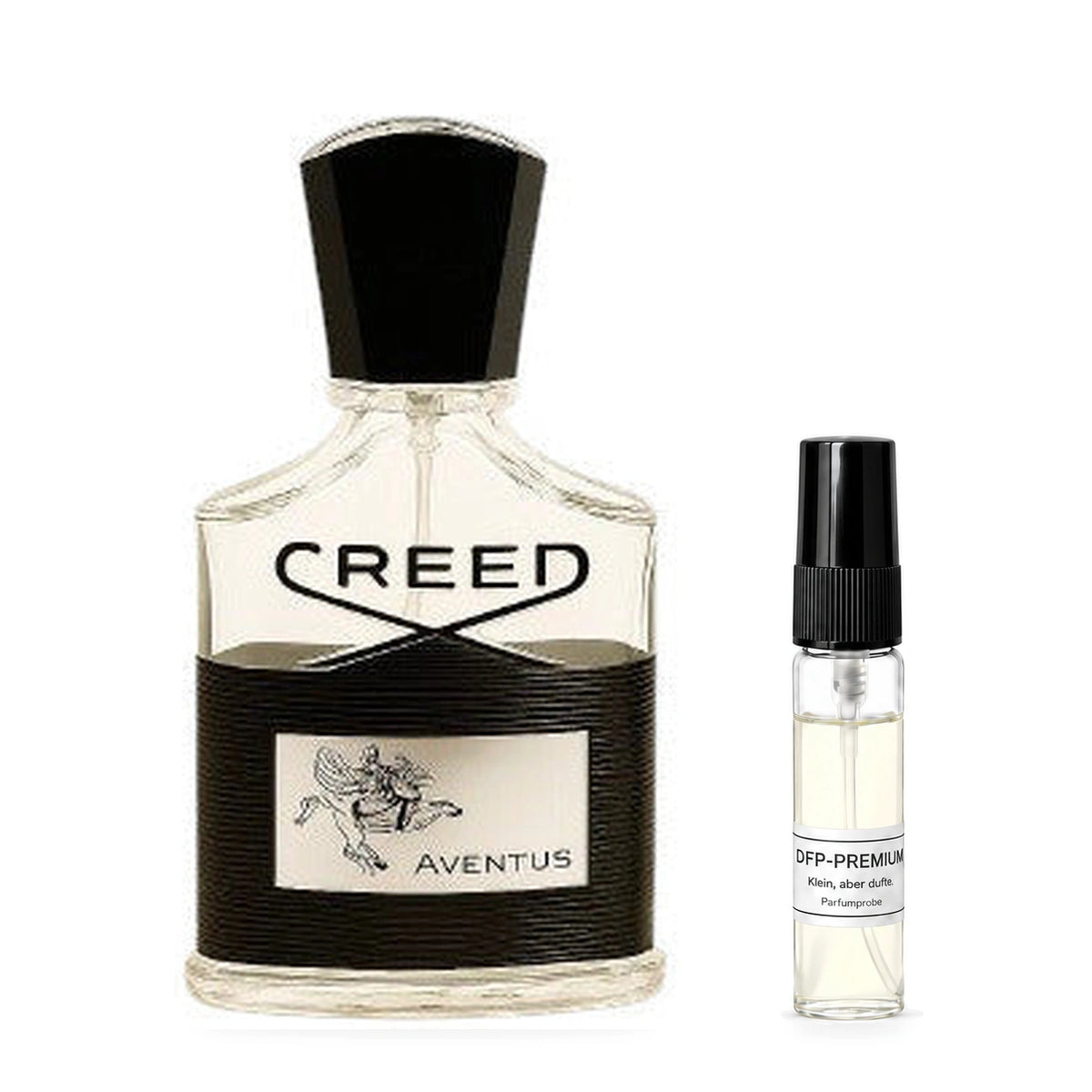 Creed Aventus: Originalflakon neben einer DFP Parfumprobe im Glaszerstäuber mit schwarzer Kappe auf weissem Hintergrund.