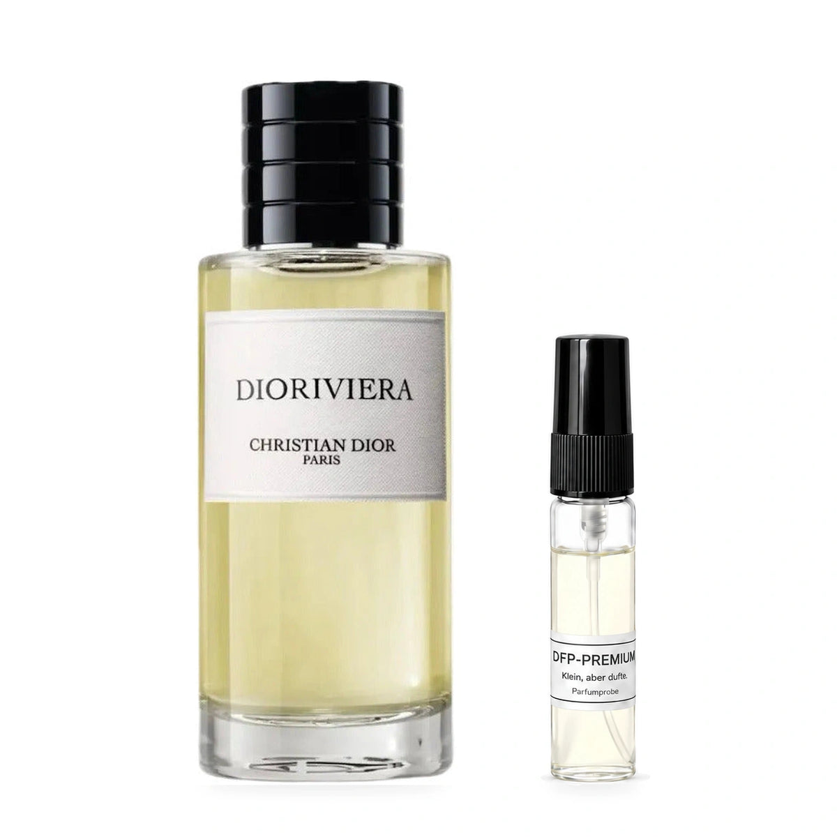Dior Dioriviera: Originalflakon neben einer DFP Parfumprobe im Glaszerstäuber mit schwarzer Kappe auf weissem Hintergrund.