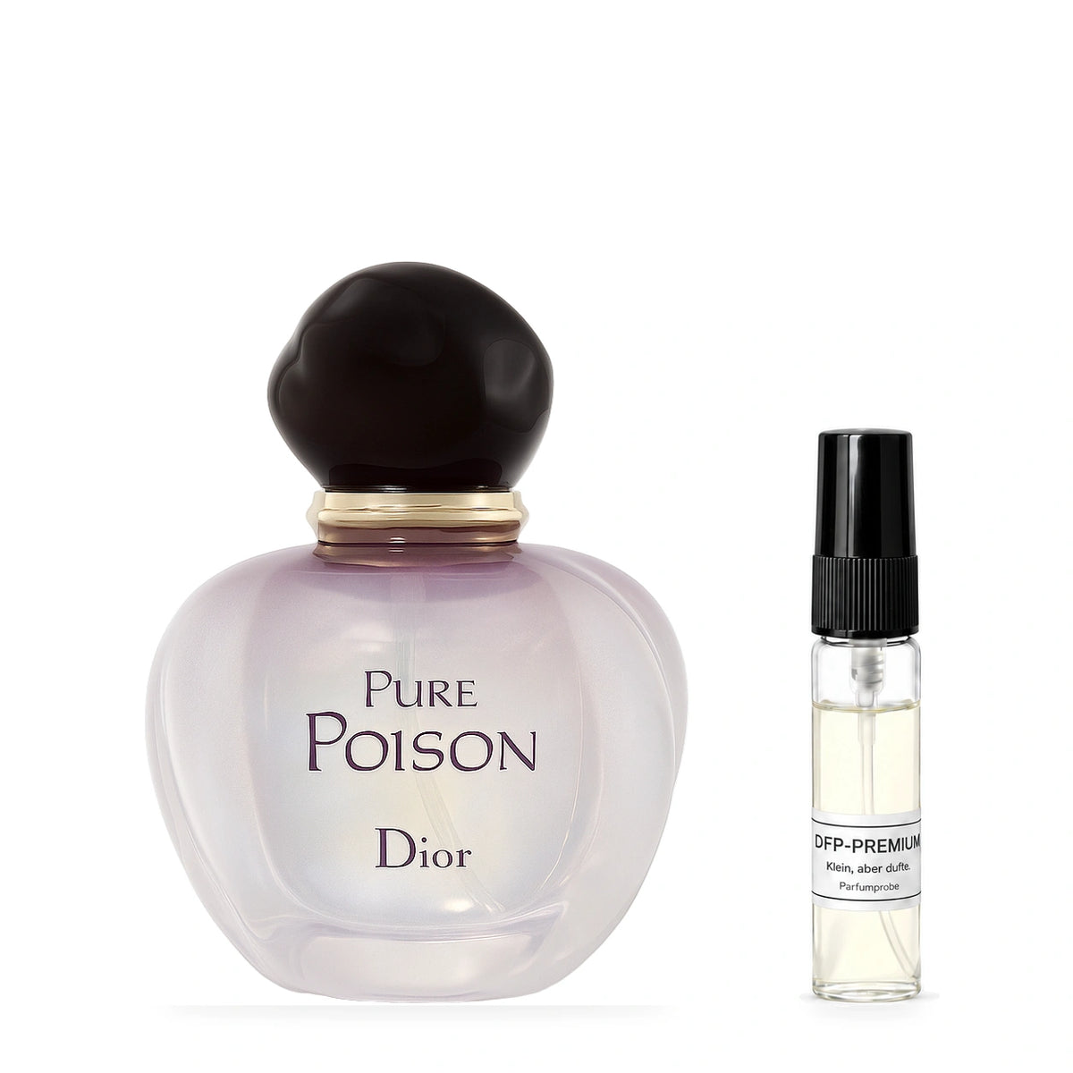 Dior Pure Poison: Originalflakon neben einer DFP Parfumprobe im Glaszerstäuber mit schwarzer Kappe auf weissem Hintergrund.