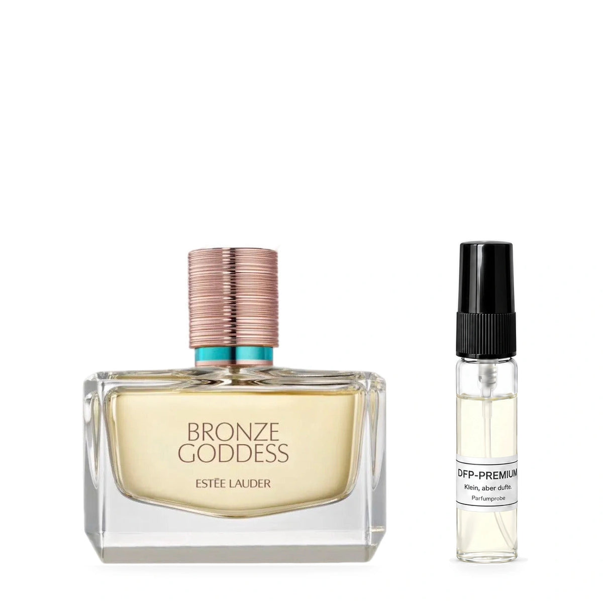 Estée Lauder Bronze Goddess Eau Fraîche: Originalflakon neben einer DFP Parfumprobe im Glaszerstäuber mit schwarzer Kappe auf weissem Hintergrund.