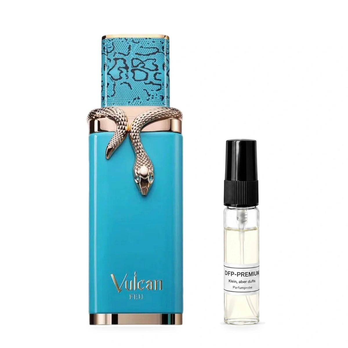 French Avenue Vulcan Feu: Originalflakon neben einer DFP Parfumprobe im Glaszerstäuber mit schwarzer Kappe auf weissem Hintergrund.