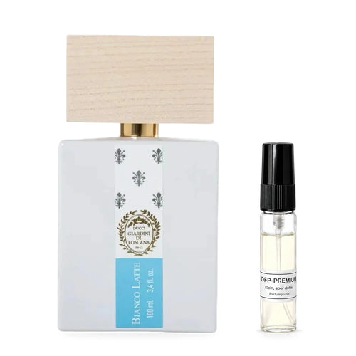 Giardini di Toscana Bianco Latte: Originalflakon neben einer DFP Parfumprobe im Glaszerstäuber mit schwarzer Kappe auf weissem Hintergrund.