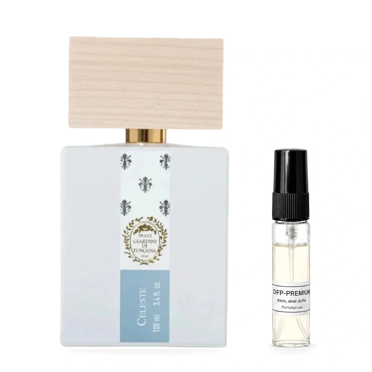 Giardini di Toscana Celeste: Originalflakon neben einer DFP Parfumprobe im Glaszerstäuber mit schwarzer Kappe auf weissem Hintergrund.