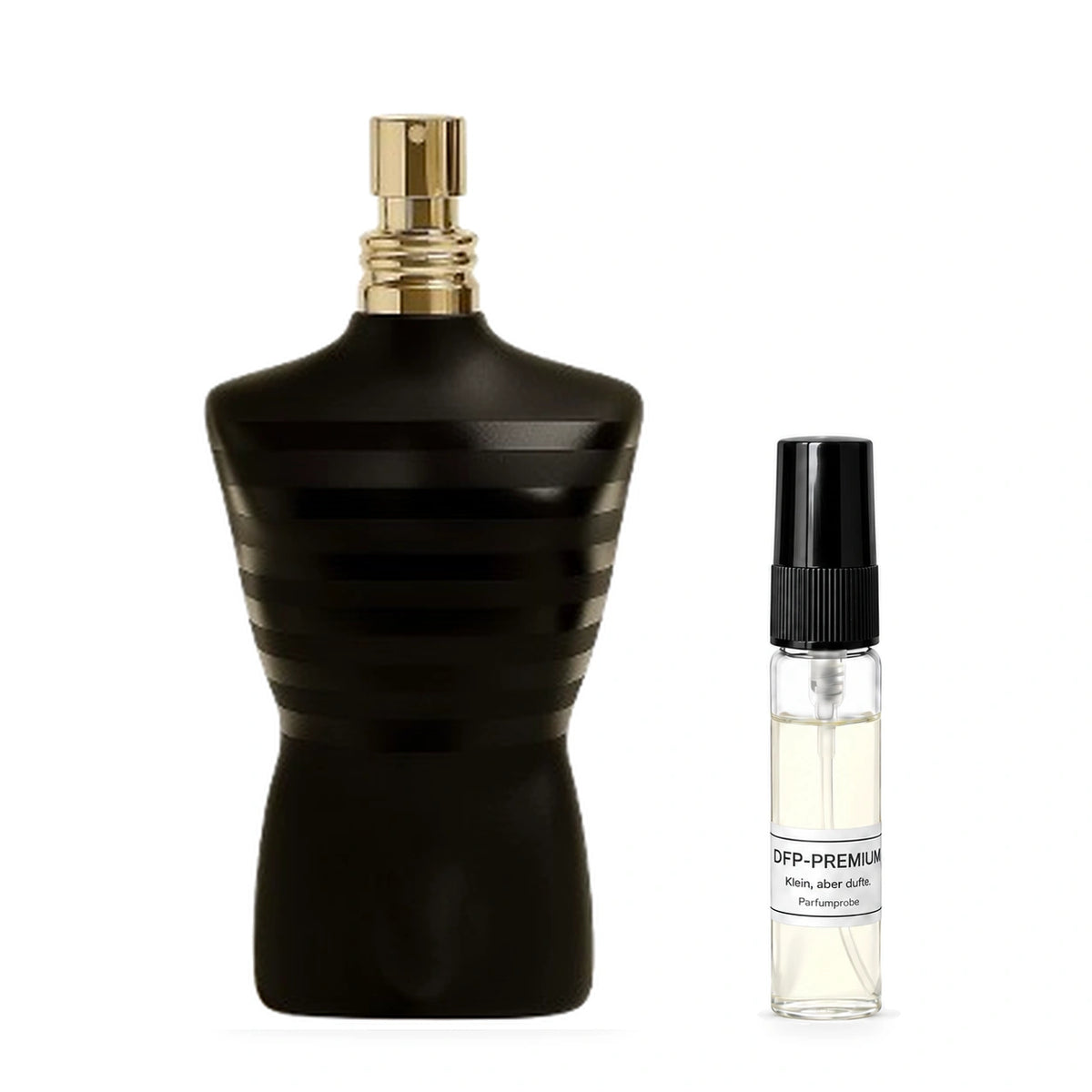 Jean Paul Gaultier Le Male Le Parfum: Originalflakon neben einer DFP Parfumprobe im Glaszerstäuber mit schwarzer Kappe auf weissem Hintergrund.
