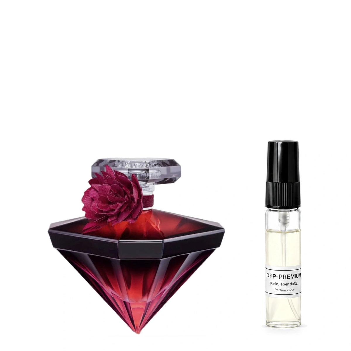 Lancôme La Nuit Trésor Intense: Originalflakon neben einer DFP Parfumprobe im Glaszerstäuber mit schwarzer Kappe auf weissem Hintergrund.