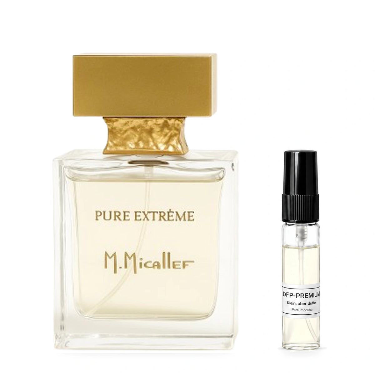 M. Micallef Pure Extrême: Originalflakon neben einer DFP Parfumprobe im Glaszerstäuber mit schwarzer Kappe auf weissem Hintergrund.