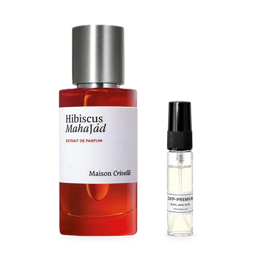 Maison Crivelli Hibiscus Mahajád: Originalflakon neben einer DFP Parfumprobe im Glaszerstäuber mit schwarzer Kappe auf weissem Hintergrund.