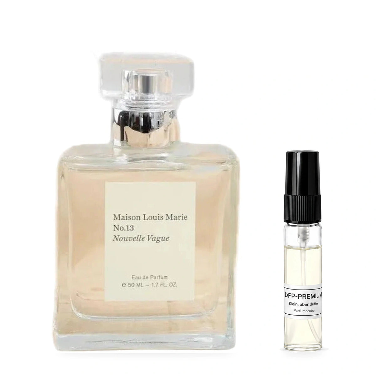 Maison Louis Marie No.13 Nouvelle Vague: Originalflakon neben einer DFP Parfumprobe im Glaszerstäuber mit schwarzer Kappe auf weissem Hintergrund.