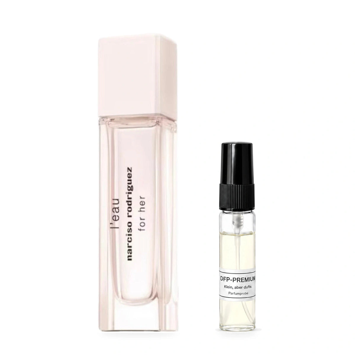 Narciso Rodriguez L’EAU for Her: Originalflakon neben einer DFP Parfumprobe im Glaszerstäuber mit schwarzer Kappe auf weissem Hintergrund.