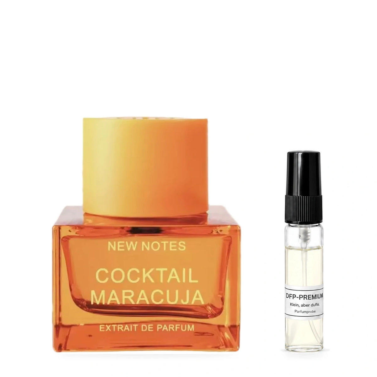 New Notes Cocktail Maracuja: Originalflakon neben einer DFP Parfumprobe im Glaszerstäuber mit schwarzer Kappe auf weissem Hintergrund.