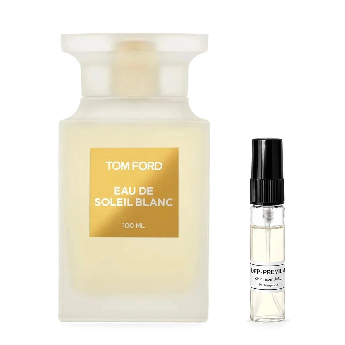 Tom Ford Eau de Soleil Blanc: Originalflakon neben einer DFP Parfumprobe im Glaszerstäuber mit schwarzer Kappe auf weissem Hintergrund.
