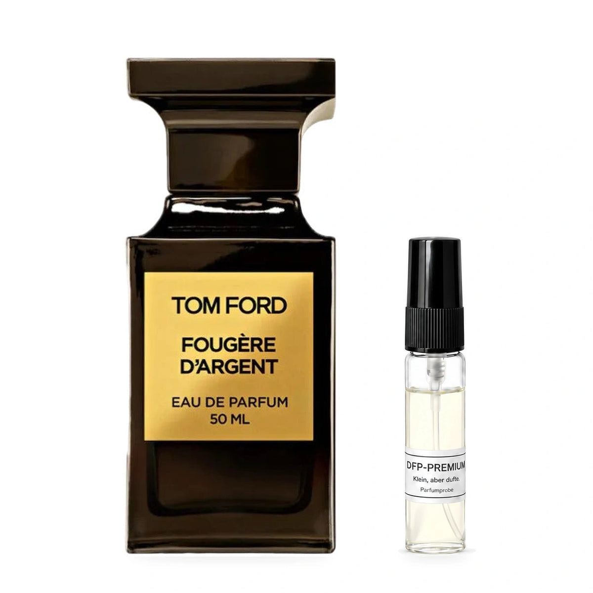 Tom Ford Fougère d’Argent: Originalflakon neben einer DFP Parfumprobe im Glaszerstäuber mit schwarzer Kappe auf weissem Hintergrund.