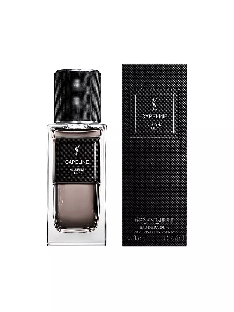 Yves Saint Laurent Capeline Alluring Lily bottle with a black cap beside its black original box on a white background.