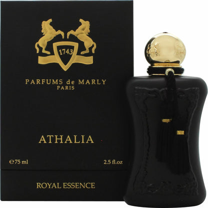 Parfums de Marly Athalia Eau de Parfum in a black bottle with a gold cap beside its packaging.