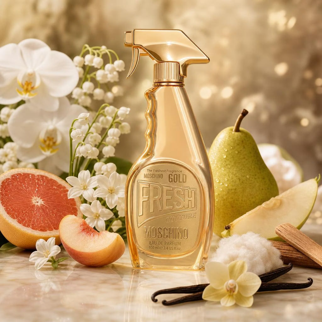 Moschino Fresh Couture Gold, decant, a fruity-floral fragrance with pear, jasmine and vanilla. DFP perfume sample