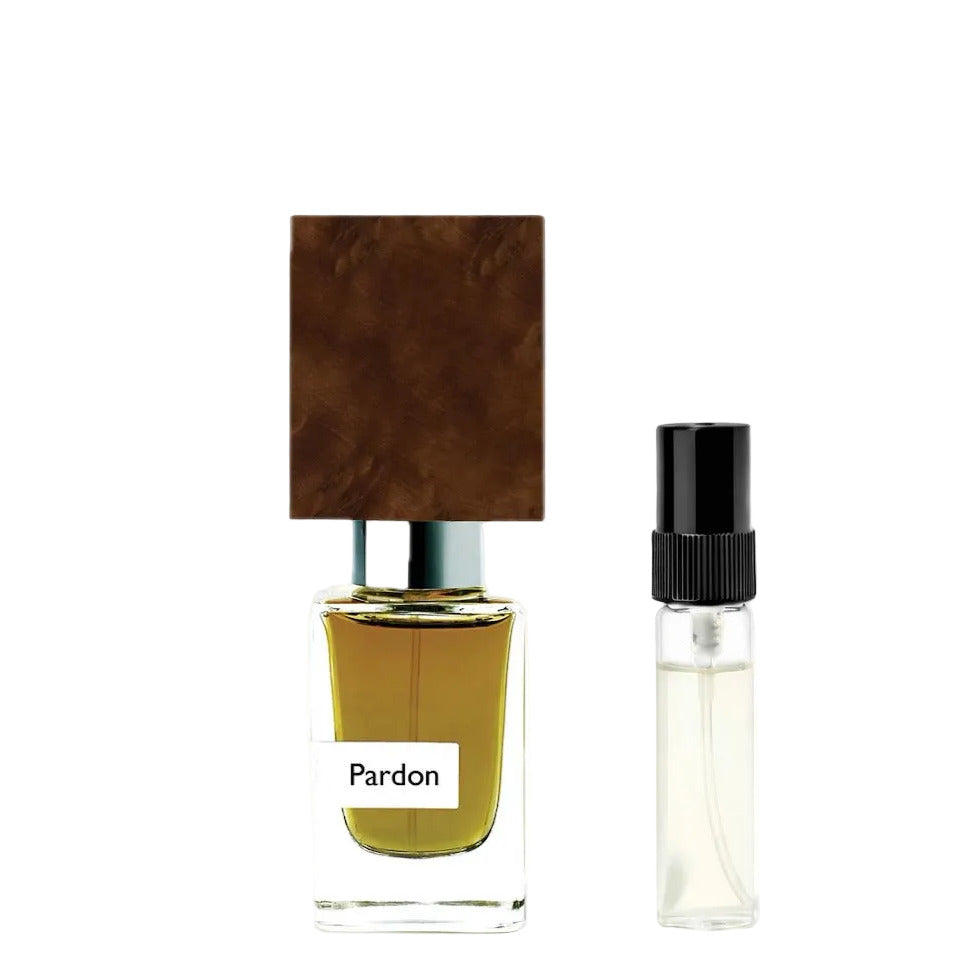 Nasomatto Pardon decant, a dark, spicy Extrait de Parfum with chocolate, oud and sandalwood, DFP perfume sample