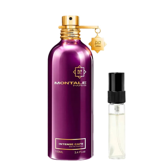 Parfumprobe von Montale Intense Café Eau de Parfum neben dem violetten Originalflakon mit goldenem Sprühkopf.