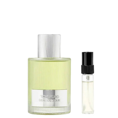 Tom Ford Beau de Jour Eau de Parfum sample beside the ribbed original bottle with a silver cap.