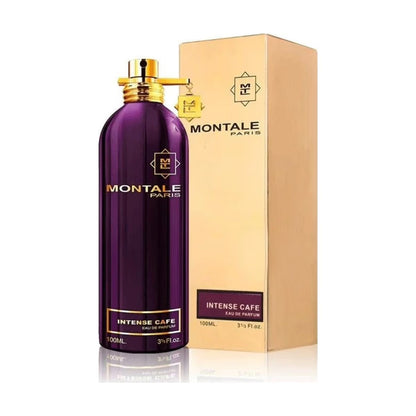 Montale Intense Café Eau de Parfum en flacon violet à côté de son étui doré.
