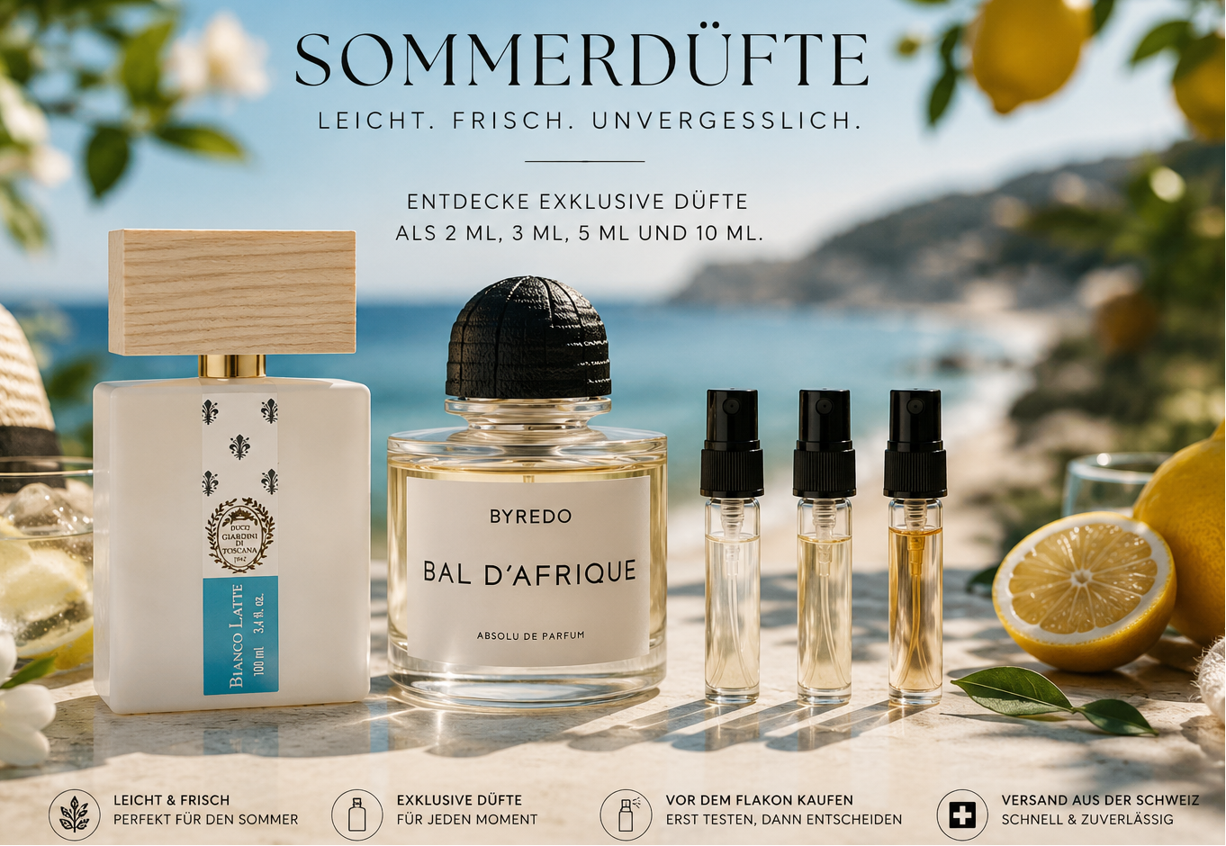 Sommerdüfte Abfüllung Schweiz – Byredo Bal d'Afrique und Bianco Latte Duftproben mit Zitronen am Meer