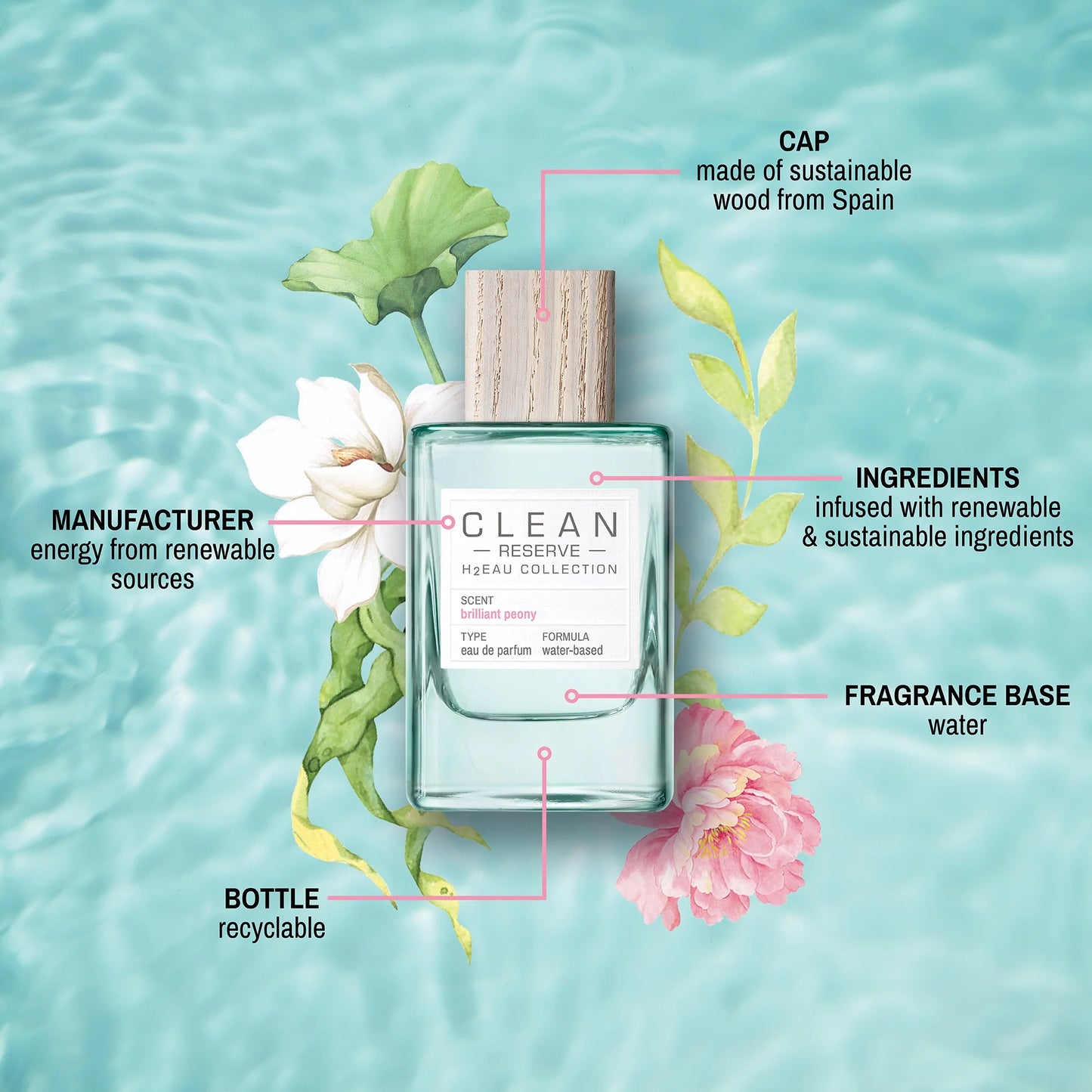 Clean Reserve H2EAU Brilliant Peony Abfüllung - frisch-floraler Unisex-Duft mit Päonie und Litschi - 2ml Parfum Probe DFP