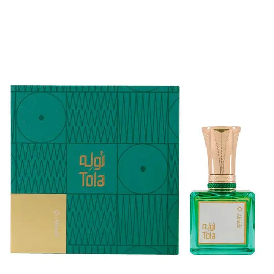 Tola Alhada Eau de Parfum, grüner Originalflakon mit goldener Kappe und Verpackung