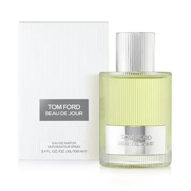 Tom Ford Beau de Jour Eau de Parfum in a ribbed glass bottle beside its white packaging.