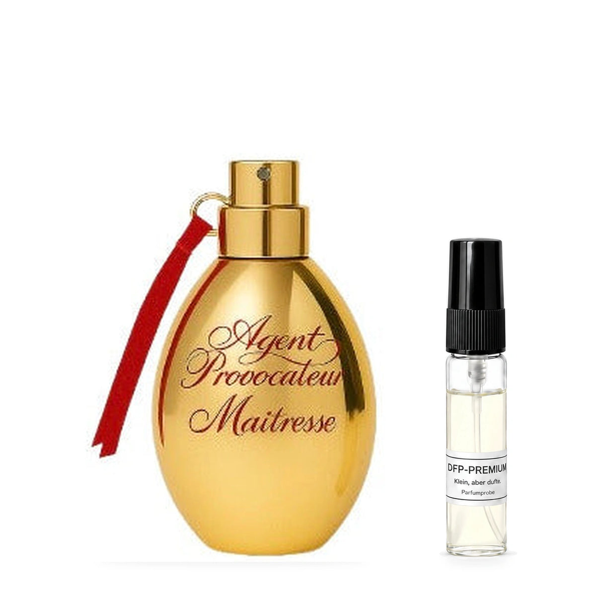Agent Provocateur Maîtresse: Originalflakon neben einer DFP Parfumprobe im Glaszerstäuber mit schwarzer Kappe auf weissem Hintergrund.