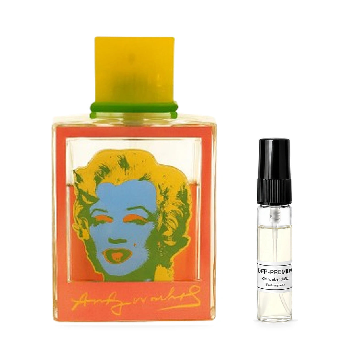 Andy Warhol Marilyn Rose: Originalflakon neben einer DFP Parfumprobe im Glaszerstäuber mit schwarzer Kappe auf weissem Hintergrund.