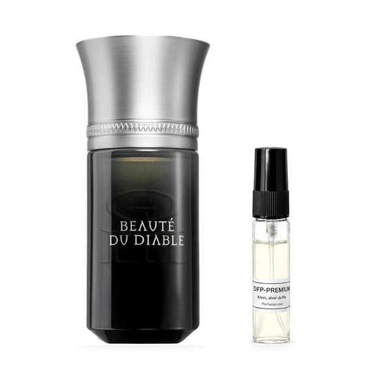 Liquides Imaginaires Beauté du Diable: Originalflakon neben einer DFP Parfumprobe im Glaszerstäuber mit schwarzer Kappe auf weissem Hintergrund.