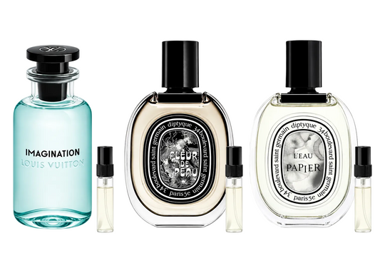 Bestseller Trio mit Louis Vuitton Imagination, Diptyque Fleur de Peau und L’Eau Papier als drei Parfumproben à 2 ml. Originalflakons dienen der Illustration.