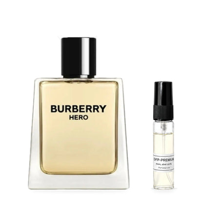 Burberry Hero: Originalflakon neben einer DFP Parfumprobe im Glaszerstäuber mit schwarzer Kappe auf weissem Hintergrund.