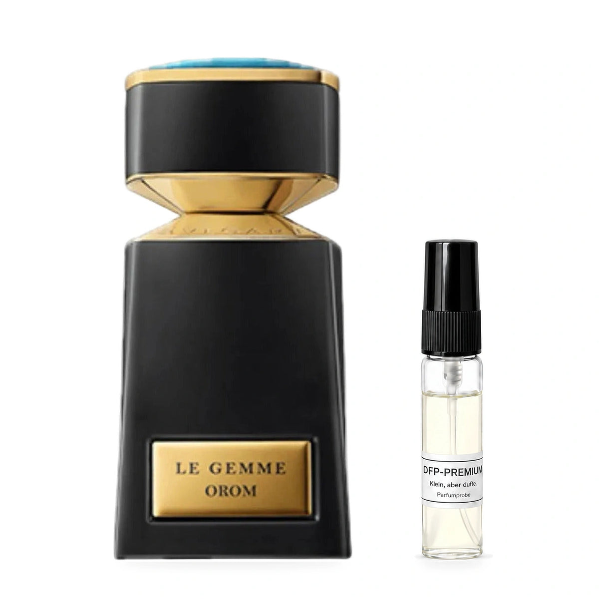 Bvlgari Le Gemme Orom: Originalflakon neben einer DFP Parfumprobe im Glaszerstäuber mit schwarzer Kappe auf weissem Hintergrund.