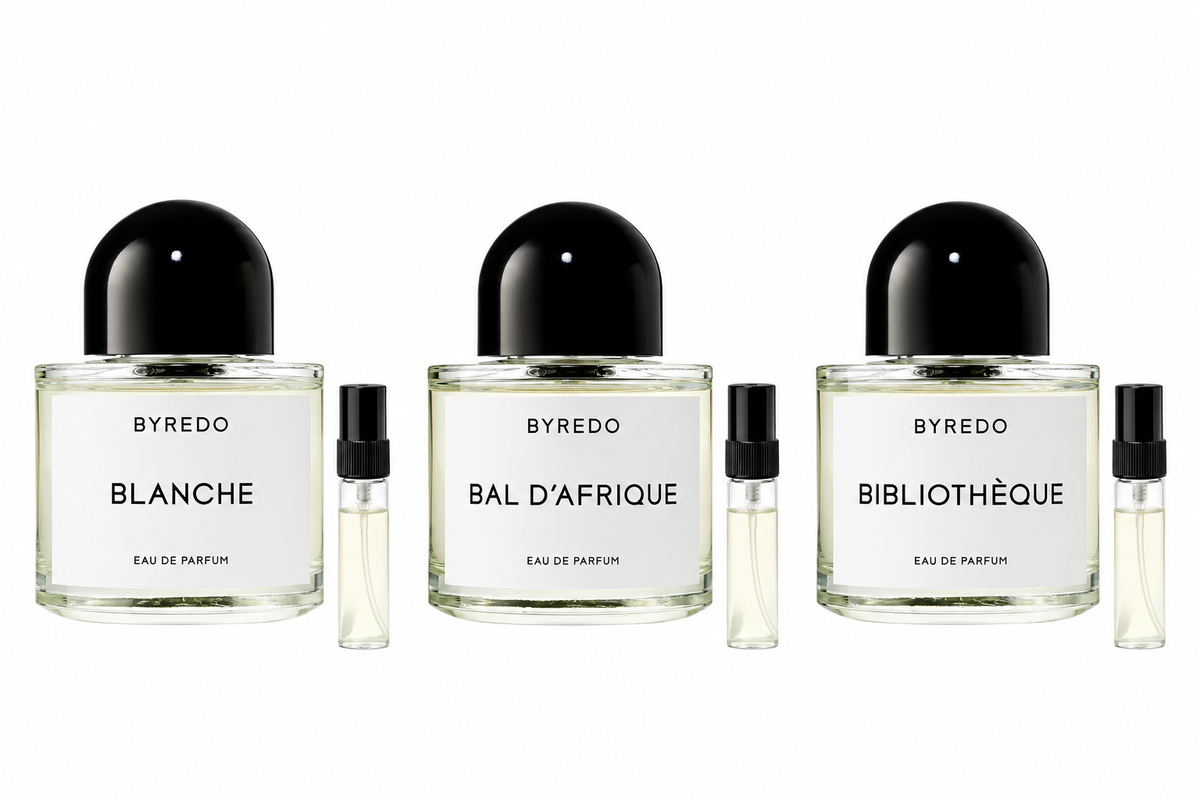 Byredo Discovery: Blanche, Bal d’Afrique und Bibliothèque mit je einer 2-ml-Abfüllung. Originalflakons dienen der Illustration.