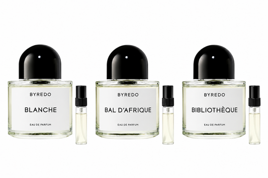 Byredo Discovery: Blanche, Bal d’Afrique und Bibliothèque mit je einer 2-ml-Abfüllung. Originalflakons dienen der Illustration.