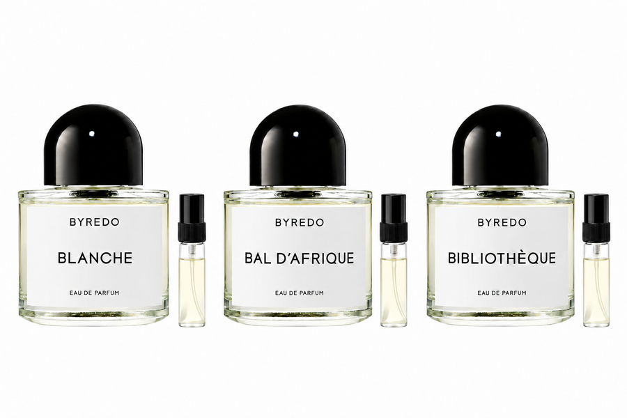 Byredo Discovery | Blanche, Bal d’Afrique & Bibliothèque (3 × 2 ml). 3 Duftproben à 2 ml; Originalflakons zur Illustration.