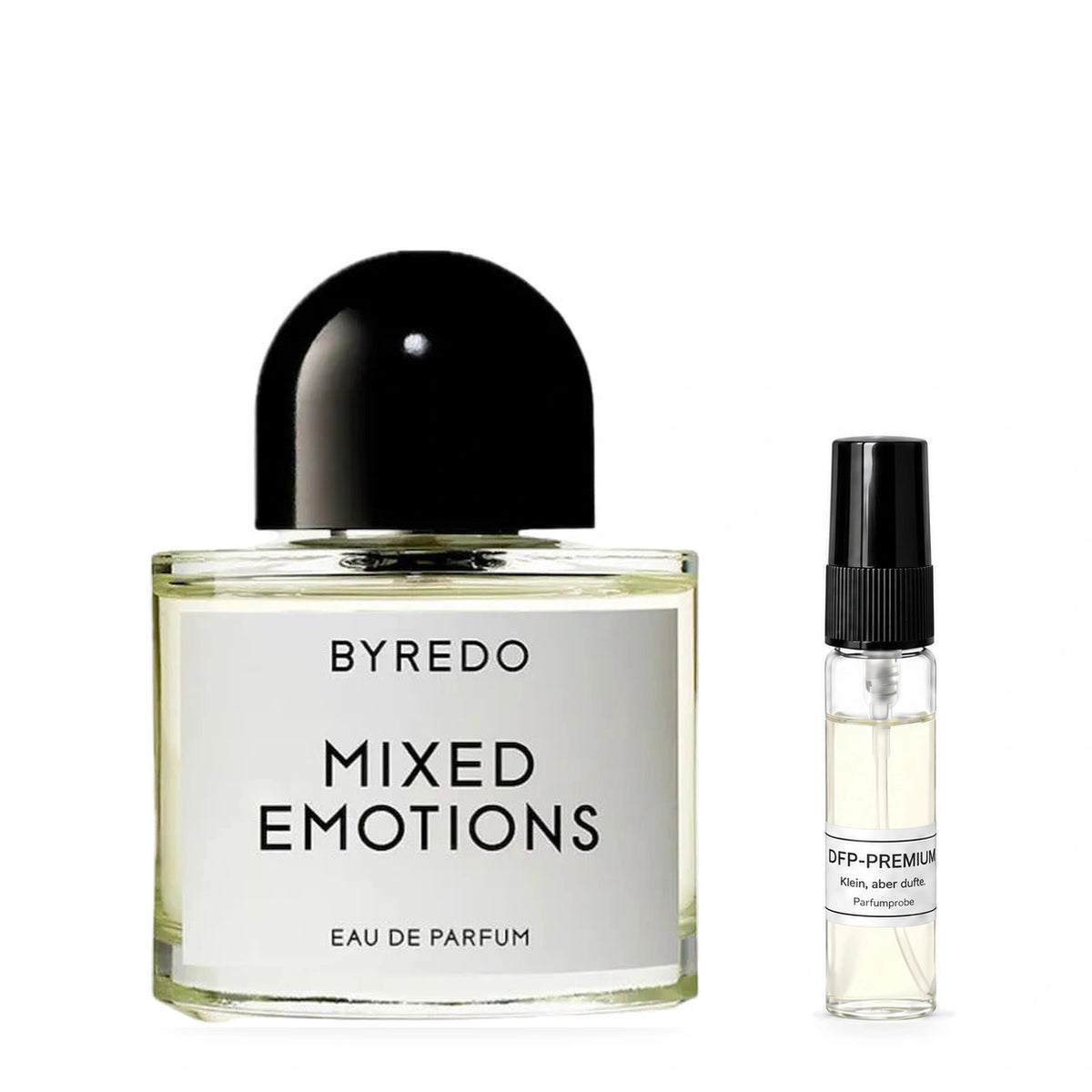 Byredo Mixed Emotions: Originalflakon neben einer DFP Parfumprobe im Glaszerstäuber mit schwarzer Kappe auf weissem Hintergrund.