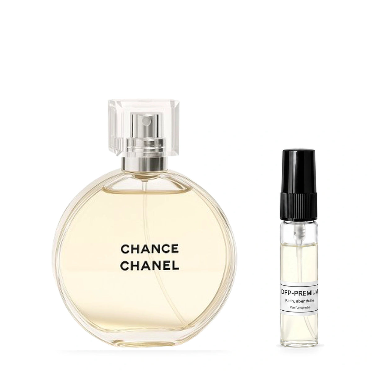 Chanel Chance: Originalflakon neben einer DFP Parfumprobe im Glaszerstäuber mit schwarzer Kappe auf weissem Hintergrund.