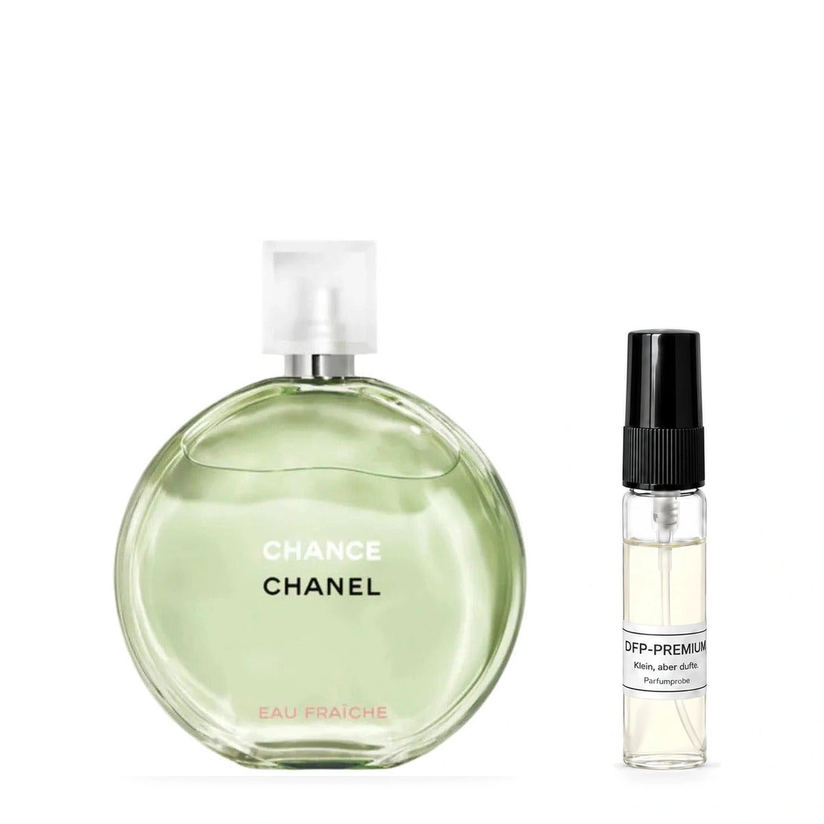 Chanel Chance Eau Fraîche: Originalflakon neben einer DFP Parfumprobe im Glaszerstäuber mit schwarzer Kappe auf weissem Hintergrund.