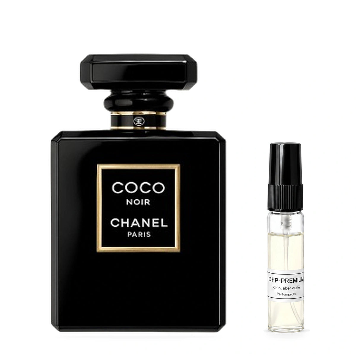 Chanel Coco Noir: Originalflakon neben einer DFP Parfumprobe im Glaszerstäuber mit schwarzer Kappe auf weissem Hintergrund.