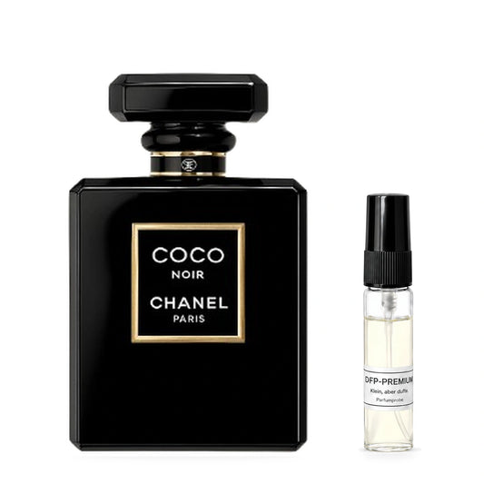 Chanel Coco Noir: Originalflakon neben einer DFP Parfumprobe im Glaszerstäuber mit schwarzer Kappe auf weissem Hintergrund.