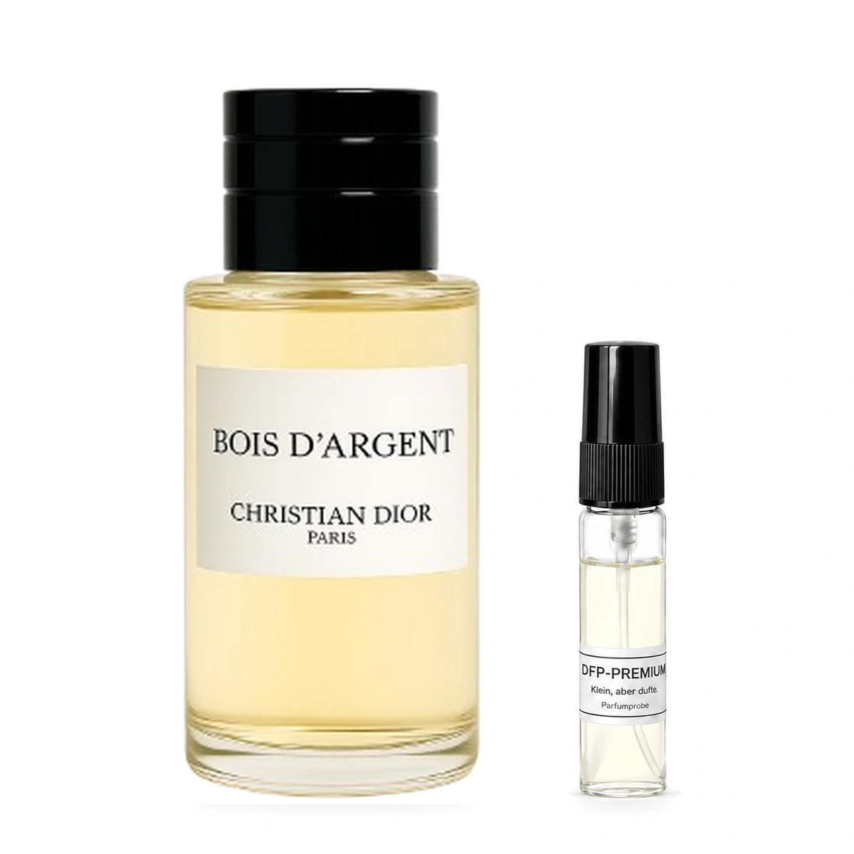 Christian Dior Bois d’Argent: Originalflakon neben einer DFP Parfumprobe im Glaszerstäuber mit schwarzer Kappe auf weissem Hintergrund.